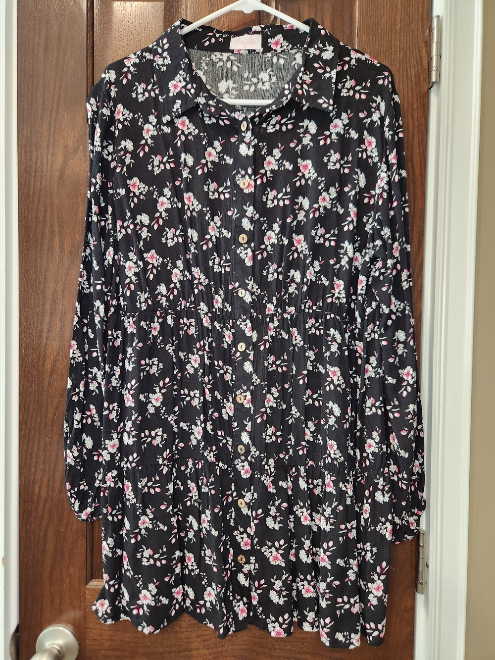 Pink Lily | Size Small | Black Floral | Longsleeve Button Front Tiered Dress